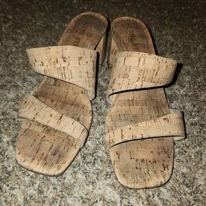 Anne Klein ANKARRA Cork Block Heel Slide Sandals Womens 9 Neutral Comfort